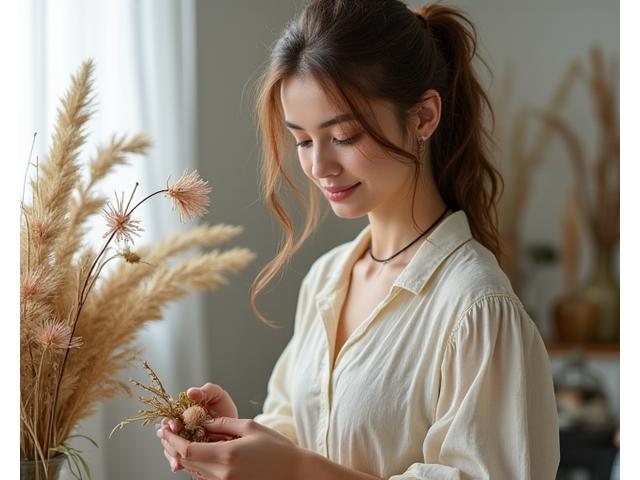 Portrait créatif de Léa, artiste botanique chez Fleurisage Éclat, travaillant sur des compositions de fleurs séchées et des terrariums avec un focus sur la durabilité.