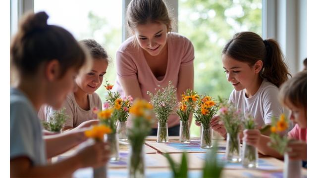 Enfants souriants participant à un atelier floral animé par un membre de l'équipe Fleurisage Éclat dans une salle de classe lumineuse, apprenant à arranger des petites fleurs.