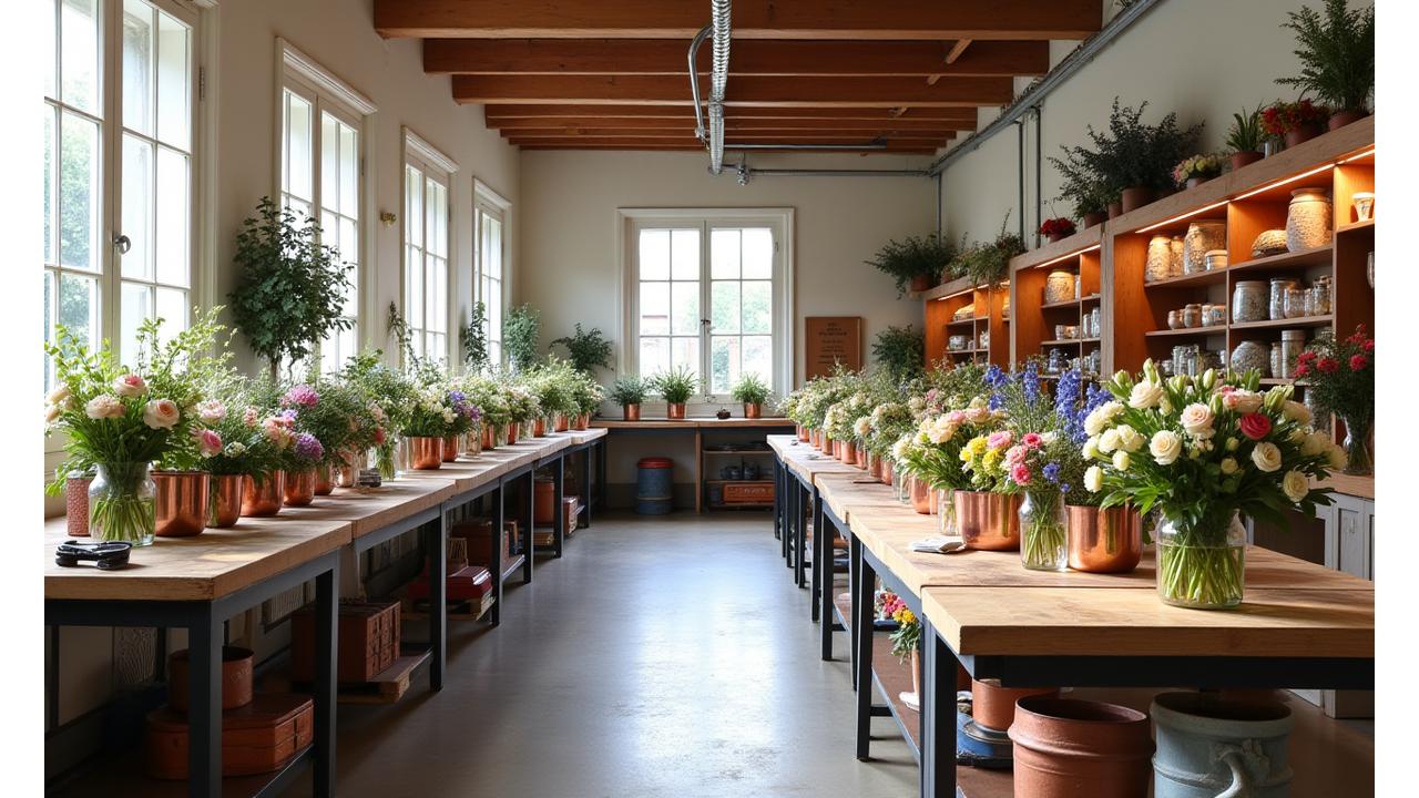 Vue panoramique d'un atelier floral lumineux et organisé de Fleurisage Éclat, avec postes de travail, seaux de fleurs fraîches et outils d'artisanat, ambiance chaleureuse et créative.