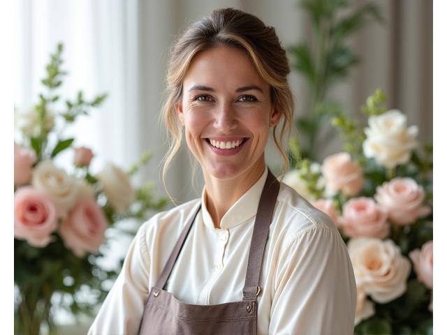 Portrait souriant de Céline, chef fleuriste chez Fleurisage Éclat, entourée de roses pastel dans un atelier lumineux.