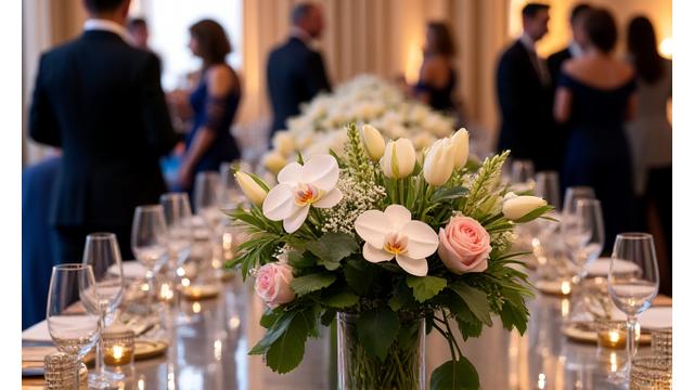 Un magnifique arrangement floral de Fleurisage Éclat décorant une table élégante lors d'un événement caritatif à Lyon, avec des personnes élégamment vêtues en arrière-plan.