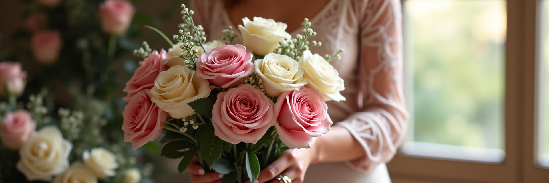 Une main de fleuriste arrangeant délicatement un bouquet de roses et de pivoines, évoquant l'artisanat floral français chez Fleurisage Éclat.