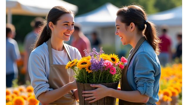 Image montrant un fleuriste Fleurisage Éclat discuter avec un producteur de fleurs locales sur un marché, devant des paniers de fleurs fraîchement cueillies, symbolisant le soutien à l'économie locale.