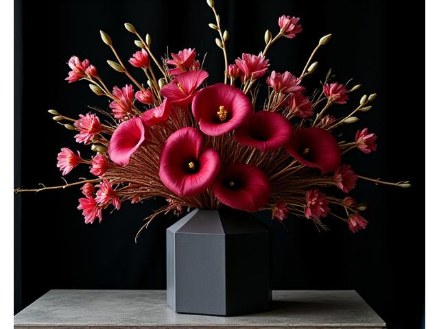Une pièce maîtresse florale audacieuse et complexe, démontrant l'expertise d'un élève avancé.