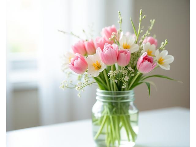 Un bouquet simple mais charmant, réalisé par un élève débutant, montrant une progression.