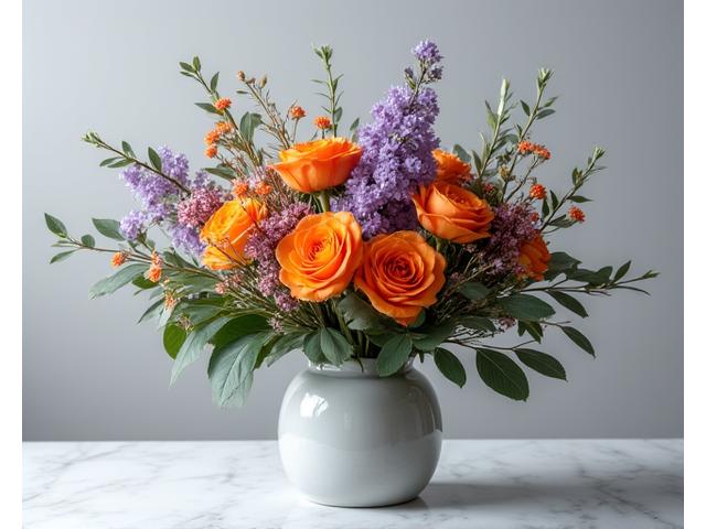 Une composition florale équilibrée et colorée d'un élève intermédiaire, reflétant l'apprentissage de nouvelles techniques.