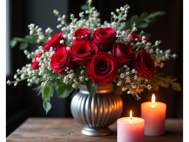 Un arrangement floral romantique avec des roses rouges et des bougies, parfait pour la Saint-Valentin.