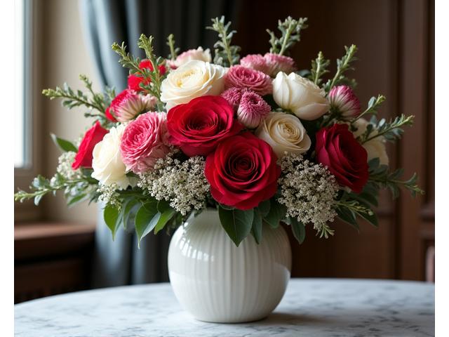 Un arrangement floral sophistiqué avec des fleurs exotiques, démontrant des techniques avancées et un style international.