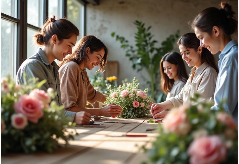 Un groupe d'élèves souriants et concentrés, chacun avec un bouquet en cours de réalisation, dans une ambiance lumineuse et collaborative.
