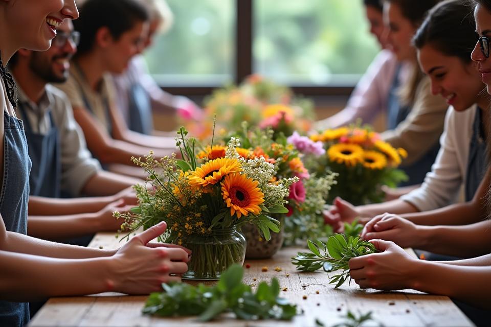 Des participants souriants composant des bouquets frais lors d'un atelier floral