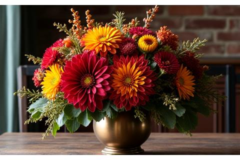 Composition automnale chaleureuse avec dahlias, chrysanthèmes et baies dorées