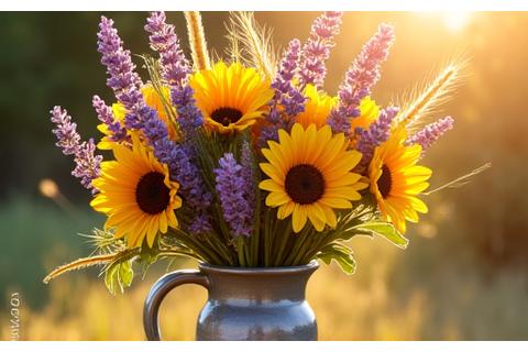 Bouquet estival opulent avec lavande, tournesols et épis de blé