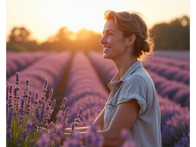 Élisabeth Martin souriante dans son champ de lavande en fleurs à l'Ain