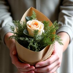 Jolies mains emballant un bouquet dans du papier biodégradable avec une ficelle en jute