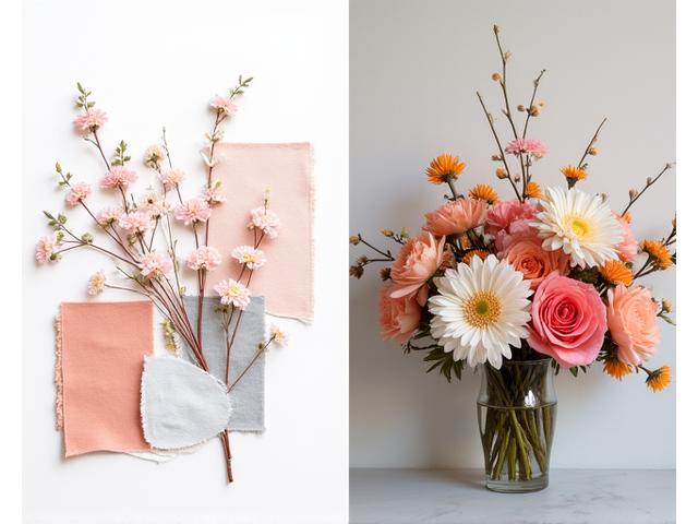 Avant et après : un croquis d'idée transformé en composition florale réelle