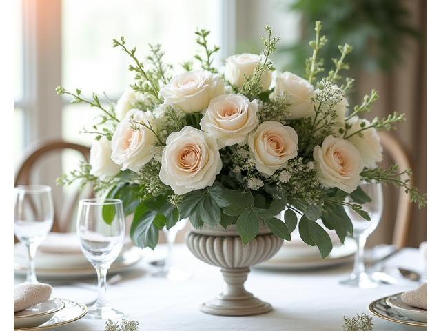 Composition florale de mariage élégante avec roses blanches et eucalyptus