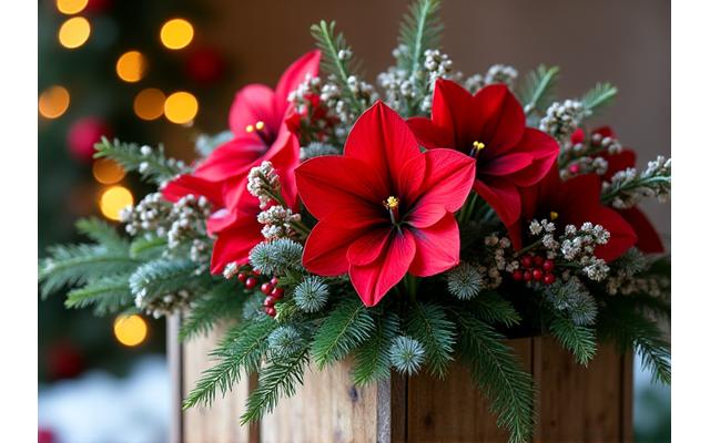 Arrangement floral de Noël avec des baies et des branches de sapin