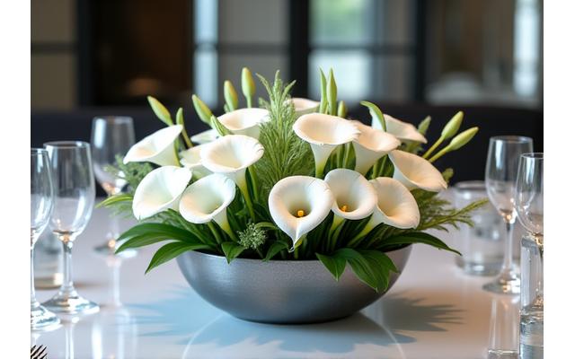 Décoration florale de table pour un événement professionnel avec des callas