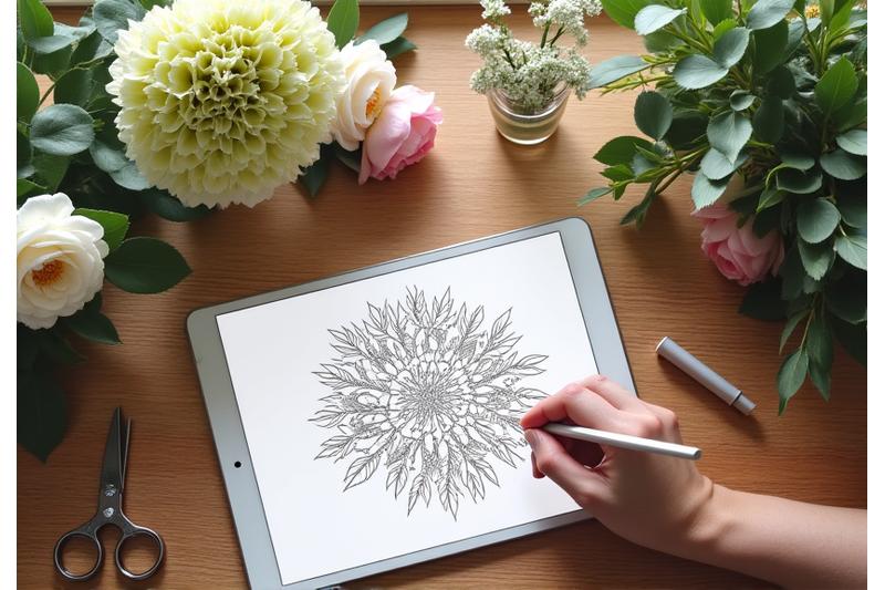 Une main esquissant un design floral sur une tablette, avec des fleurs et des outils de fleuriste à côté