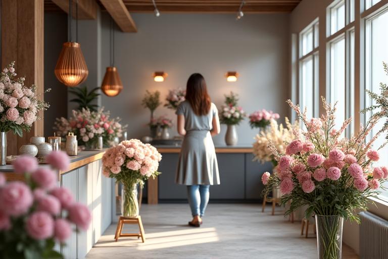 Intérieur lumineux de la boutique Fleurisage Éclat avec de belles compositions florales et un coin atelier