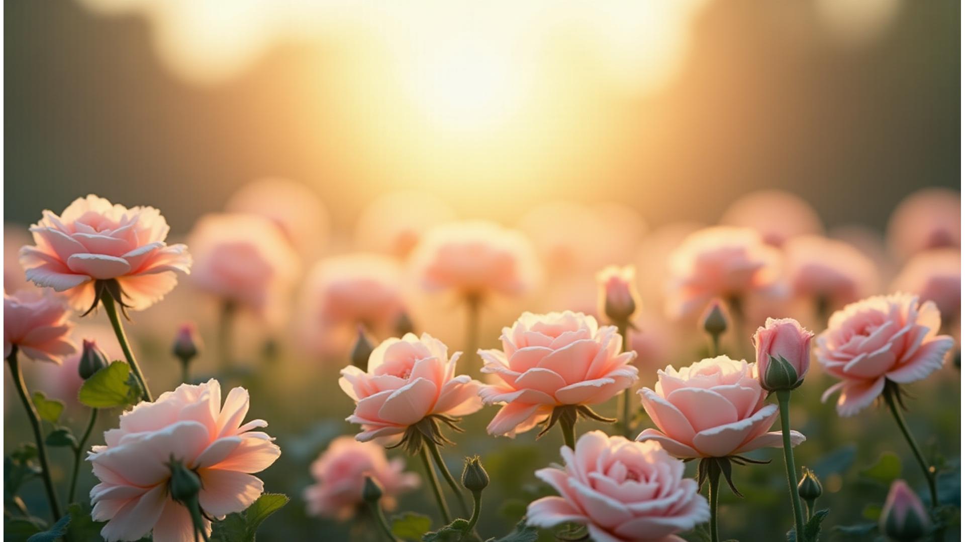 Champ de roses épanouies avec une lumière douce, symbolisant le début d'un nouveau projet