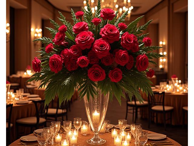 Décoration florale opulente pour un gala d'entreprise, avec de grands vases et des arrangements floraux dramatiques dans des couleurs sombres et riches.