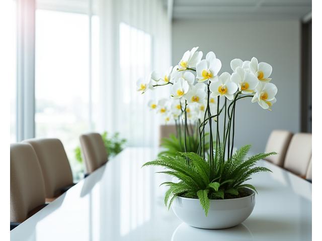 Arrangements floraux délicats et modernes pour un séminaire d'entreprise, créant une ambiance sereine et professionnelle.