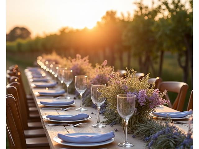 Décoration de mariage champêtre avec bouquets de fleurs sauvages et herbes, dans un domaine viticole près de Lyon.