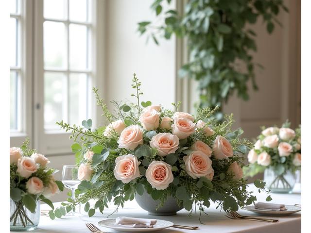 Décoration de mariage romantique avec roses pastel et verdure luxuriante dans un château lyonnais.