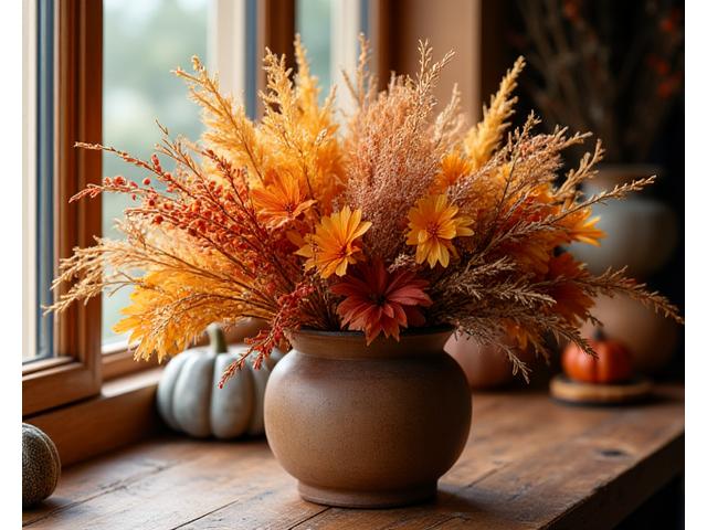 Composition de fleurs séchées aux couleurs chaudes de l'automne, graminées dorées et feuillages cuivrés