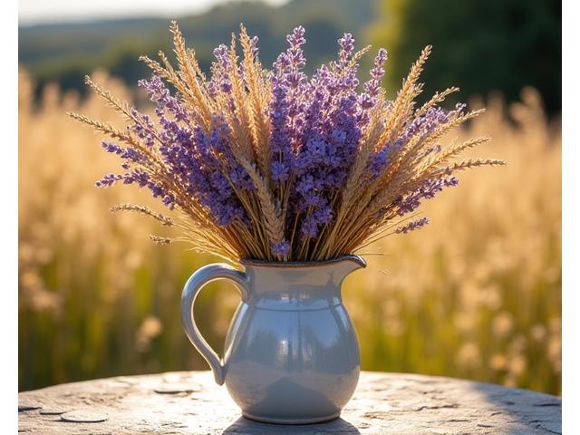 Bouquet de fleurs séchées style provençal, lavandes, blé et aromates ensoleillés