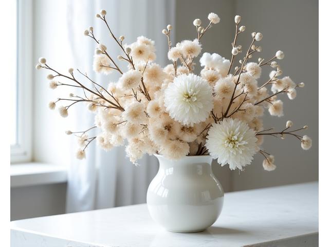 Décor hivernal de fleurs séchées, branches givrées et éléments naturels pour une atmosphère chaleureuse