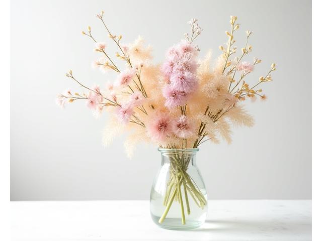 Composition délicate de fleurs séchées printanières aux teintes pastel, évoquant le renouveau