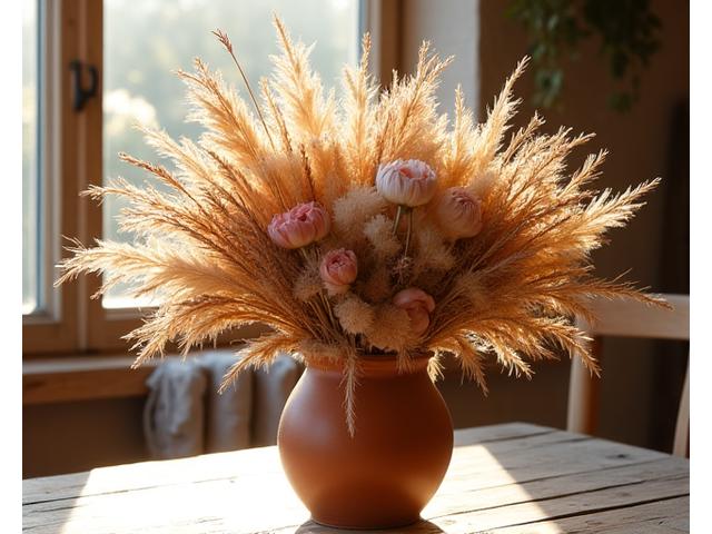 Grand bouquet de fleurs séchées style bohème avec herbes de pampa et textures diverses