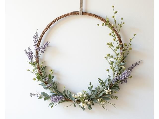 Couronne murale de fleurs séchées aux teintes douces, accrochée sur un mur texturé