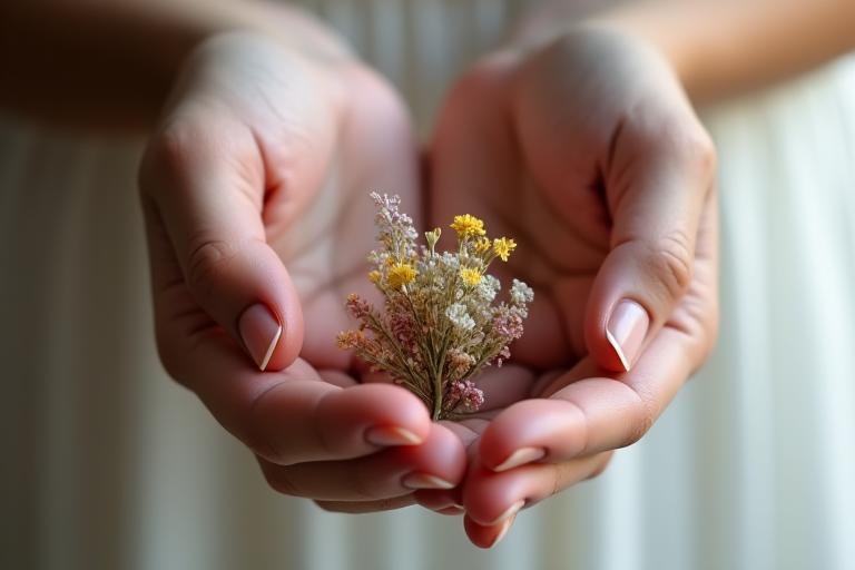 Mariée tenant un petit bouquet de fleurs séchées de son mariage, photo intime et émouvante