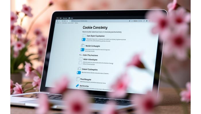 Illustration d'un écran de gestion de préférences de cookies avec des éléments floraux délicats en arrière-plan.