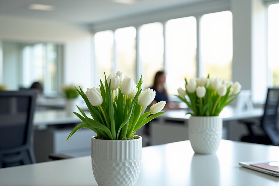 Plantes vertes et compositions florales dans un open-space lumineux