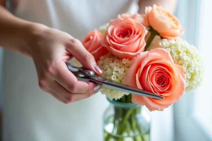 Mains féminines coupant des tiges de fleurs avec un sécateur