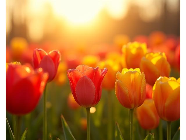 Champ coloré de tulipes vibrantes au lever du soleil