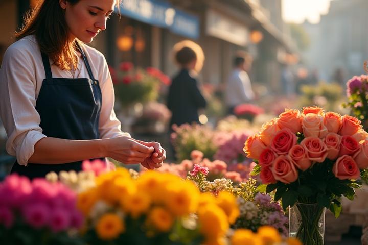 Artisan fleuriste sélectionnant des fleurs au marché tôt le matin