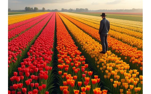 Agriculteur dans un champ de tulipes multicolores