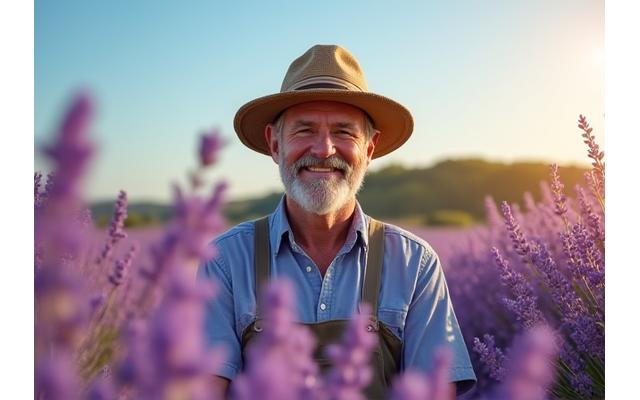 Portrait d'un producteur souriant dans un champ de lavande
