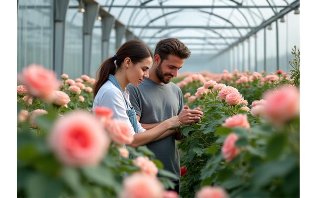 Jeune couple de producteurs dans une serre remplie de roses